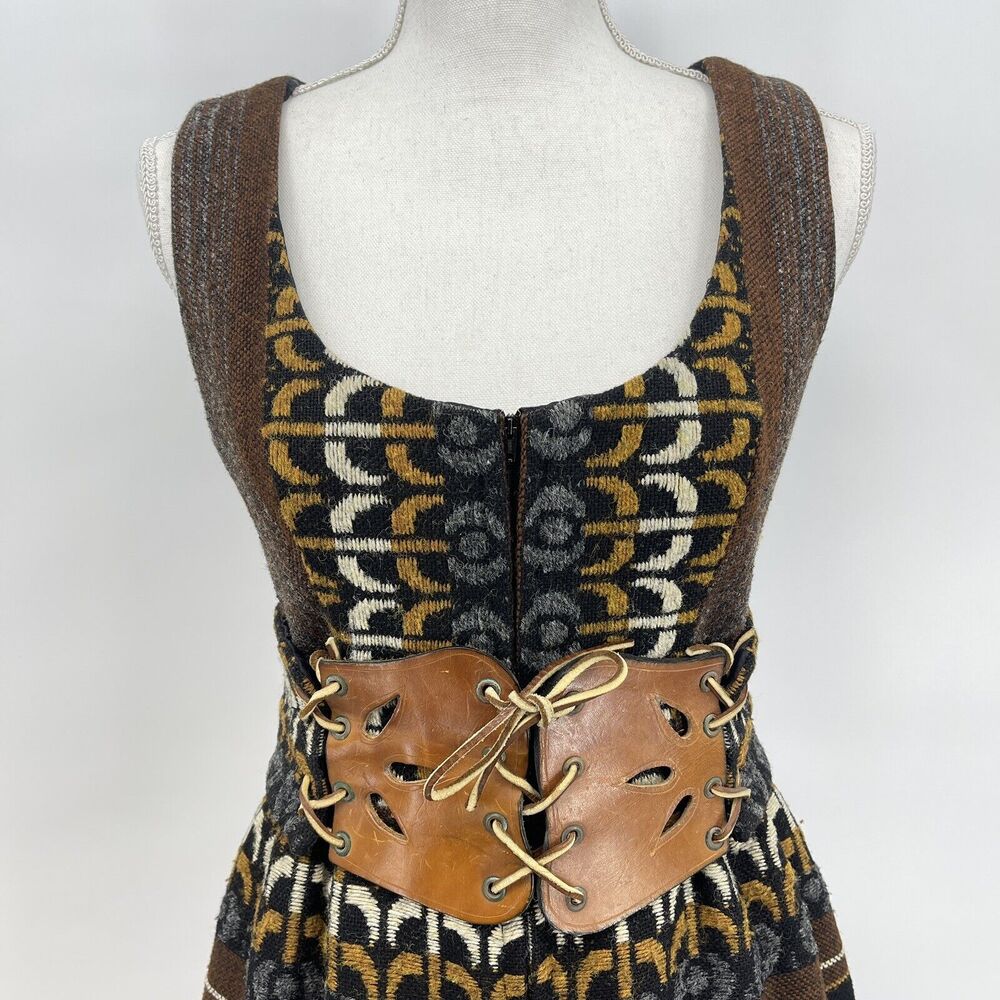 Vintage S Howard Hirsh California Woven Wool Tapestry Dress Leather Belt Sm Med - Picture 4 of 12